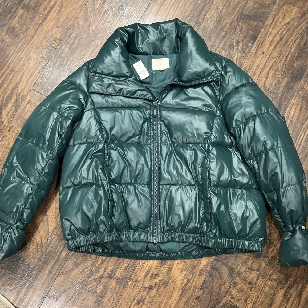 LOFT Puffer Jacket Womens XL Emerald Green Shiny High Neck Winter Coat